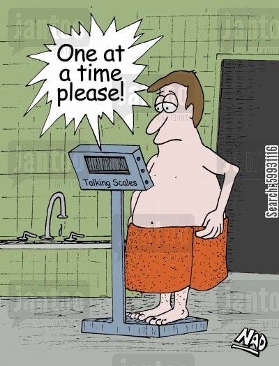 A man stands on the talking scale - 'One at a time please!'