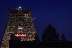 Gopurams after dark at the Kalapeeshwar Temple