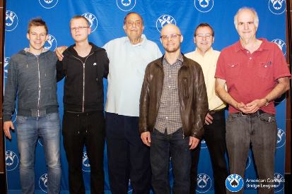 Boye Brogeland, Espen Lindqvist, Richard Schwartz, Daniel Korbel, Huub Bertens and Allan Graves, winners of the Jacoby Swiss Teams.